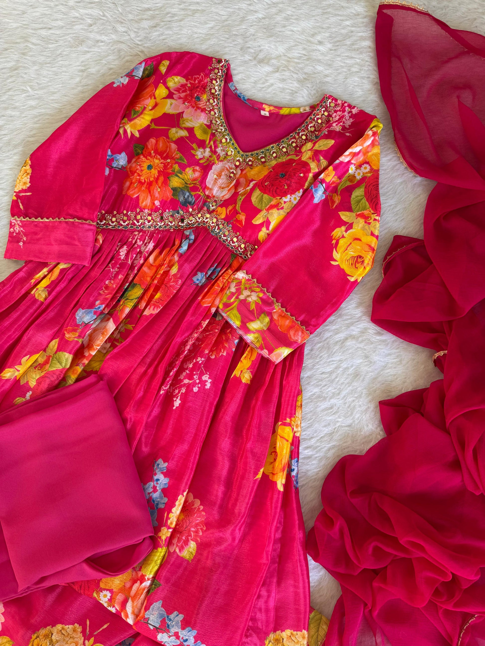 Graceful Pink Floral Printed Handworked Anarkali Pant Suit - Ethnicwish