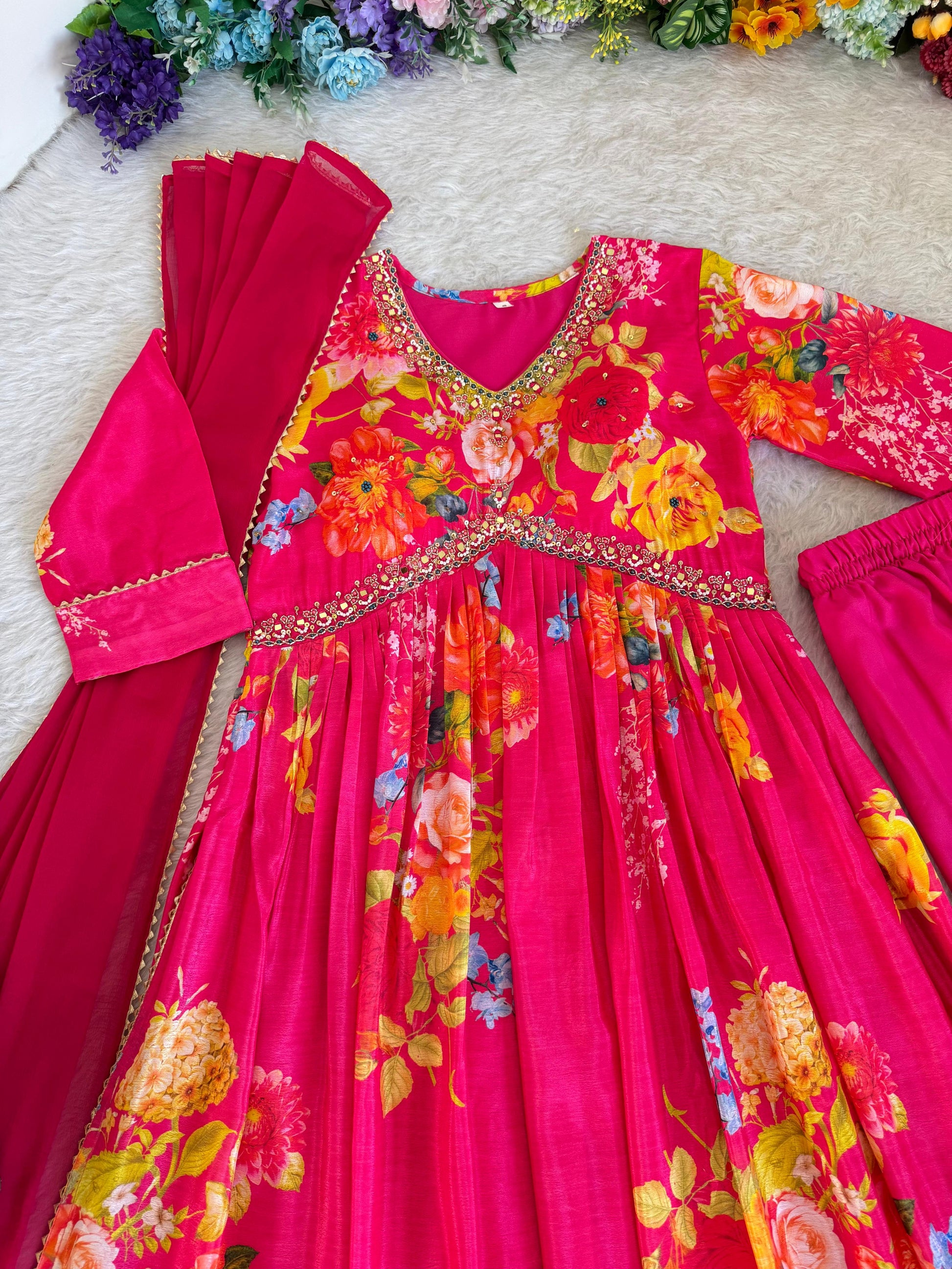 Graceful Pink Floral Printed Handworked Anarkali Pant Suit - Ethnicwish