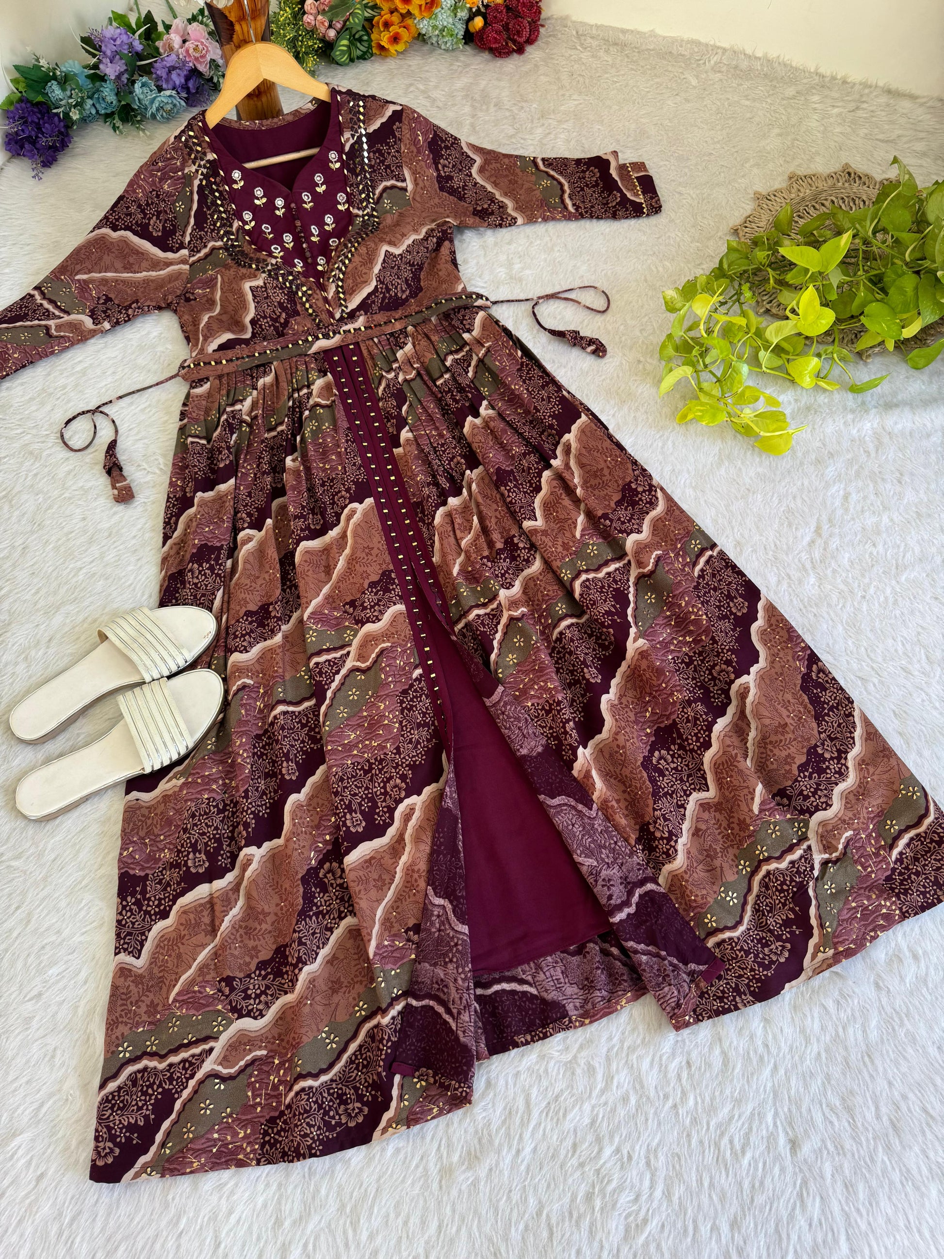 Ravishing Wine Rayon Foil Worked Hand Embroidered Gown - Ethnicwish