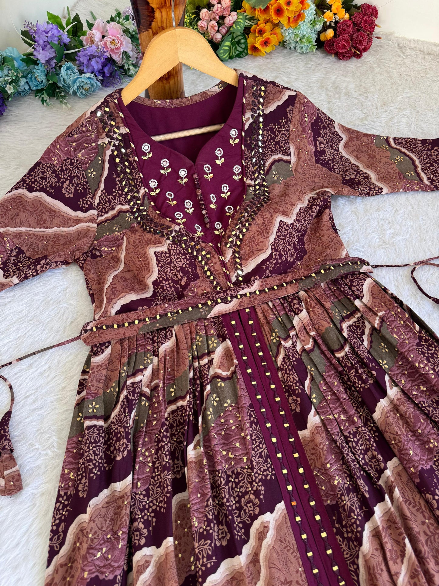 Ravishing Wine Rayon Foil Worked Hand Embroidered Gown - Ethnicwish