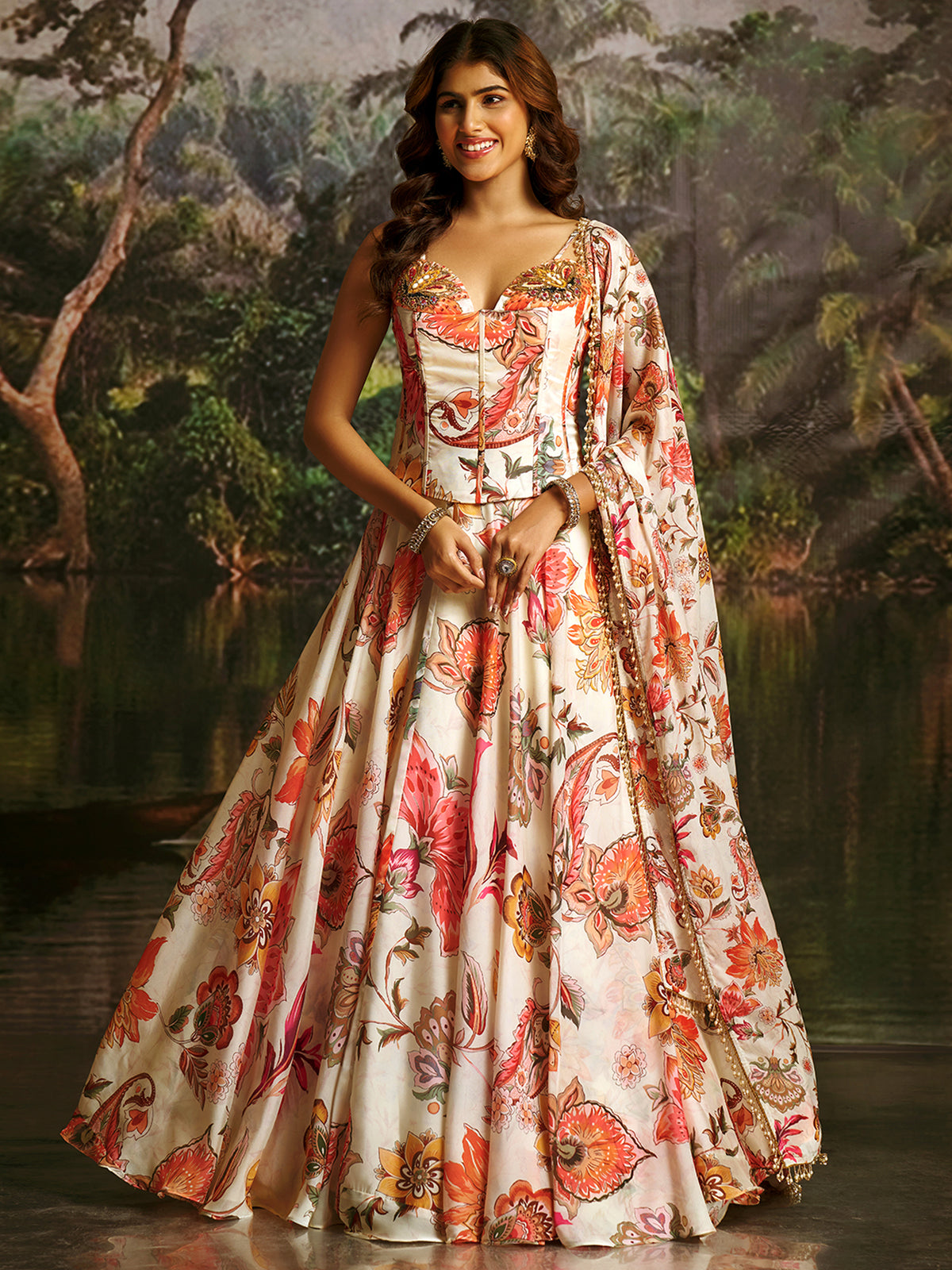 OFF WHITE HANDWORK DESIGNER CORSET-LEHENGA SET
