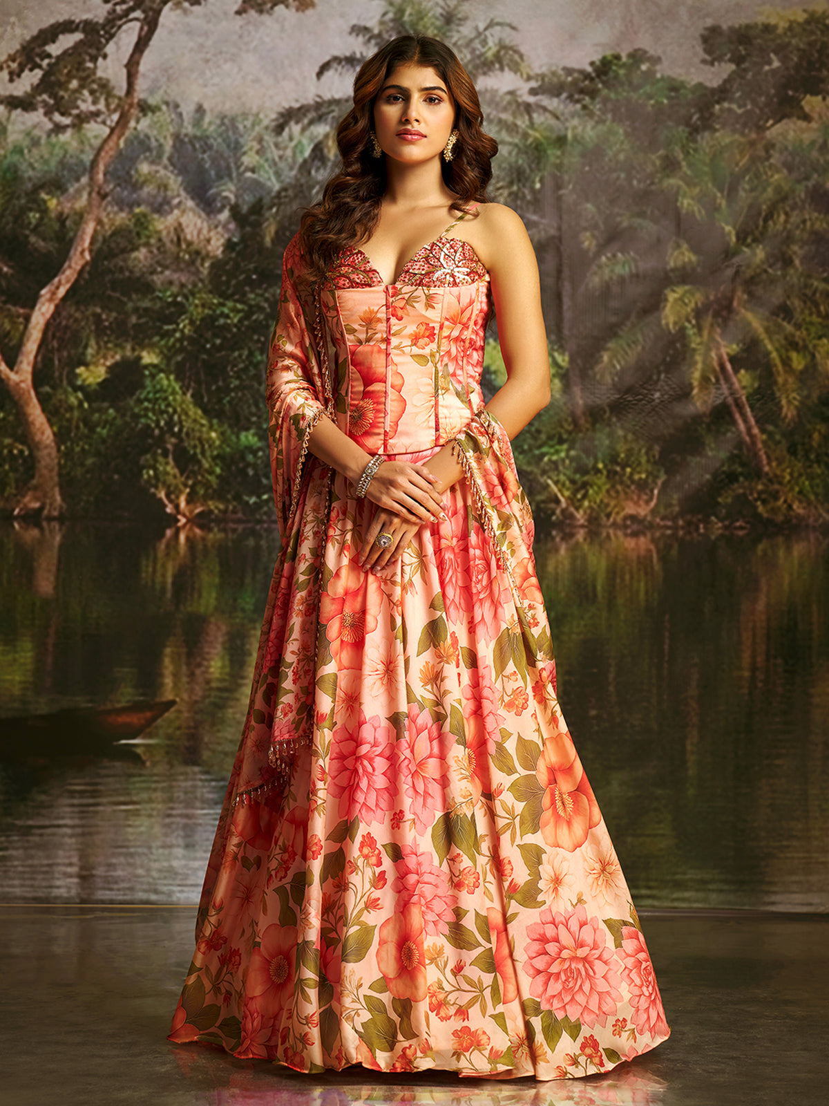 PEACH HANDWORK DESIGNER CORSET-LEHENGA SET