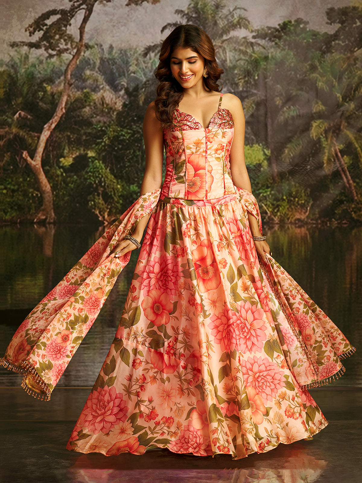 PEACH HANDWORK DESIGNER CORSET-LEHENGA SET