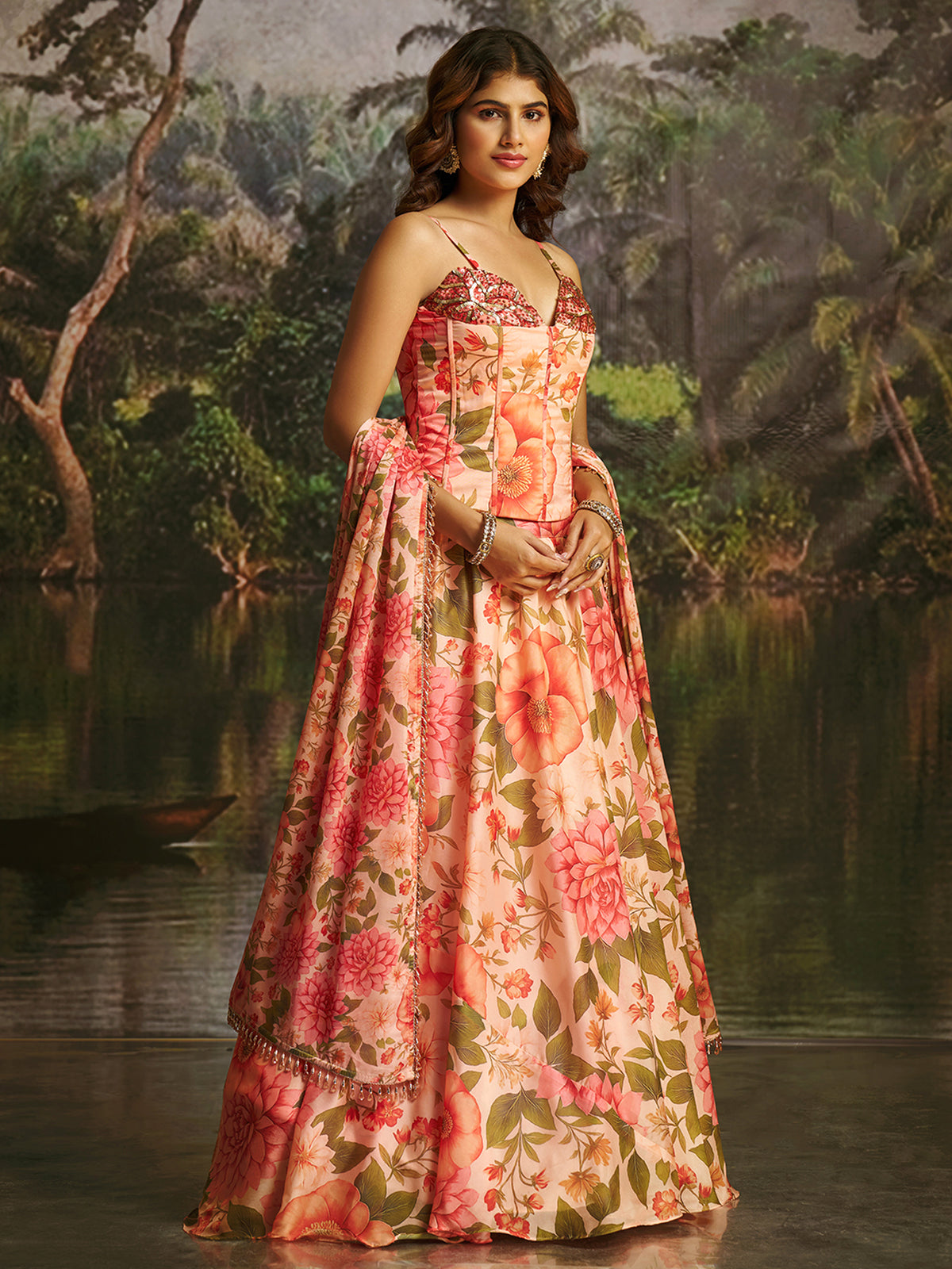 PEACH HANDWORK DESIGNER CORSET-LEHENGA SET