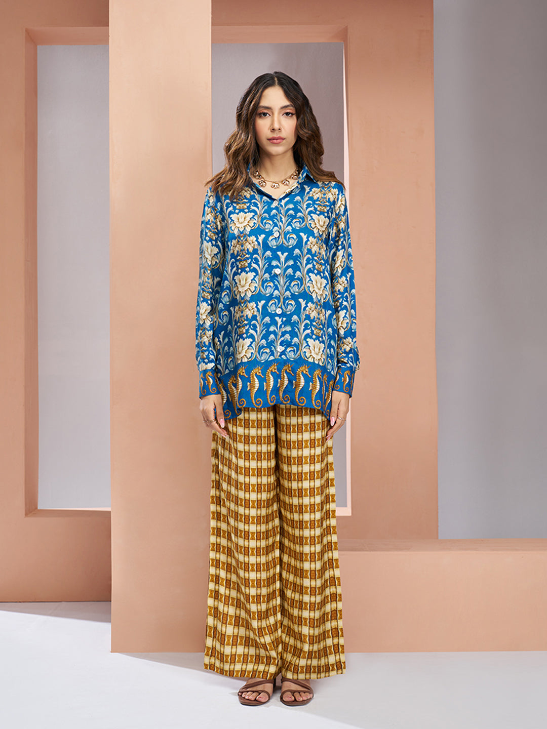 Royal Blue Muslin Silk Floral Printed Co-Ord Set