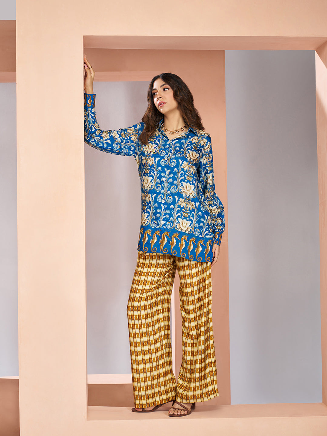 Royal Blue Muslin Silk Floral Printed Co-Ord Set