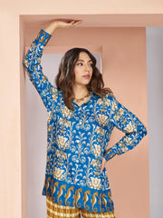 Royal Blue Muslin Silk Floral Printed Co-Ord Set