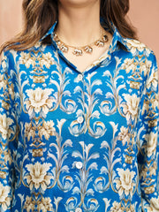 Royal Blue Muslin Silk Floral Printed Co-Ord Set