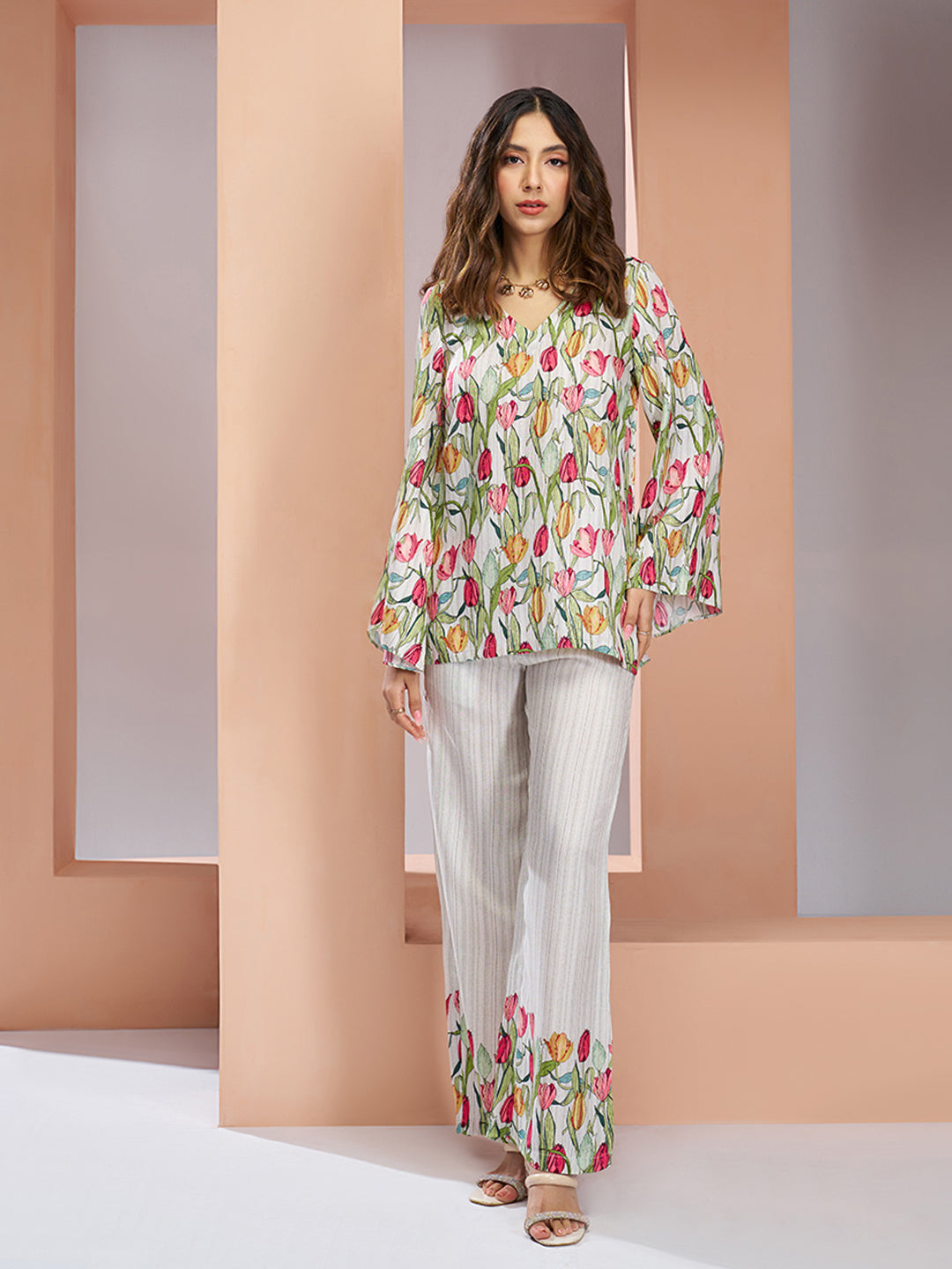 White Muslin Silk Floral V-Neck Co-Ord Set
