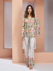 White Muslin Silk Floral V-Neck Co-Ord Set