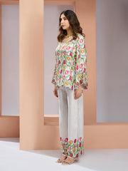 White Muslin Silk Floral V-Neck Co-Ord Set