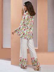 White Muslin Silk Floral V-Neck Co-Ord Set