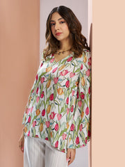 White Muslin Silk Floral V-Neck Co-Ord Set