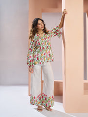 White Muslin Silk Floral V-Neck Co-Ord Set