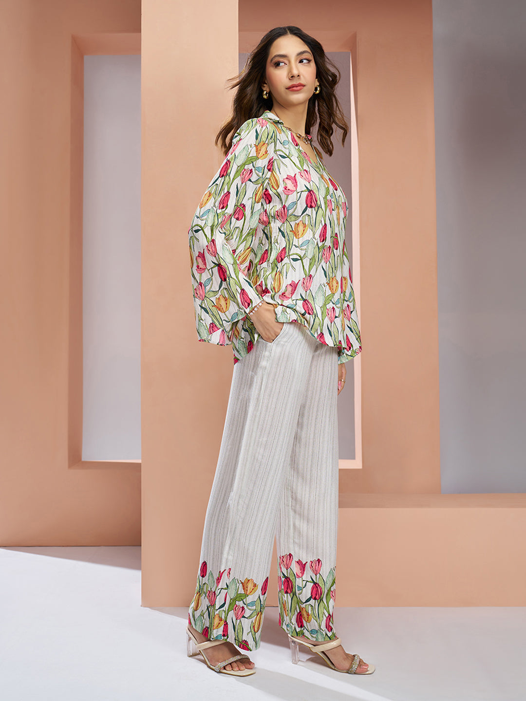 White Muslin Silk Floral V-Neck Co-Ord Set