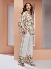 White Muslin Silk Floral V-Neck Co-Ord Set