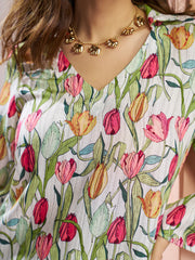 White Muslin Silk Floral V-Neck Co-Ord Set