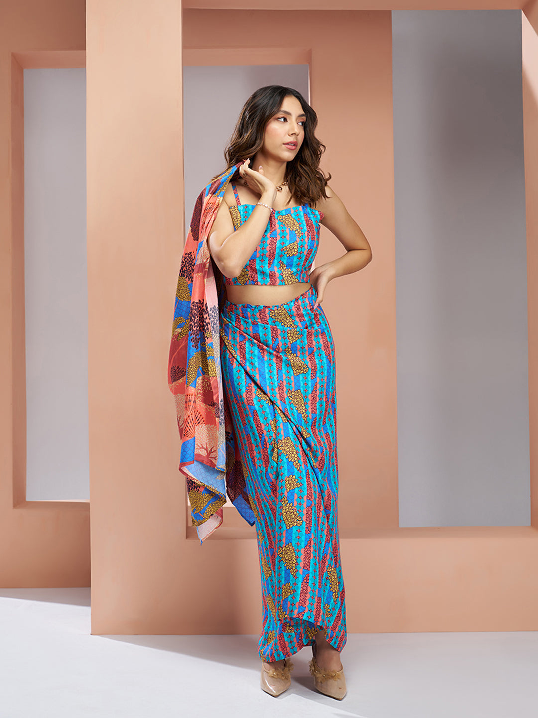 Aqua Blue Muslin Silk Printed Co-Ord Set