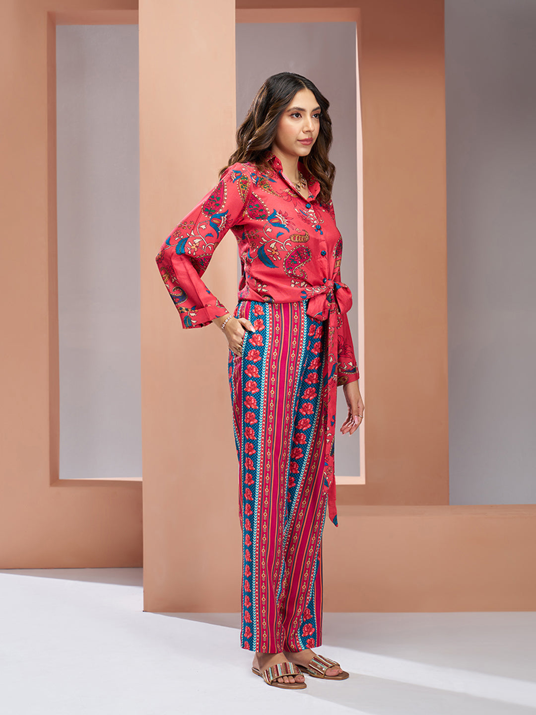Muslin Silk Printed Shirt & Striped Wide-Leg Pant Set