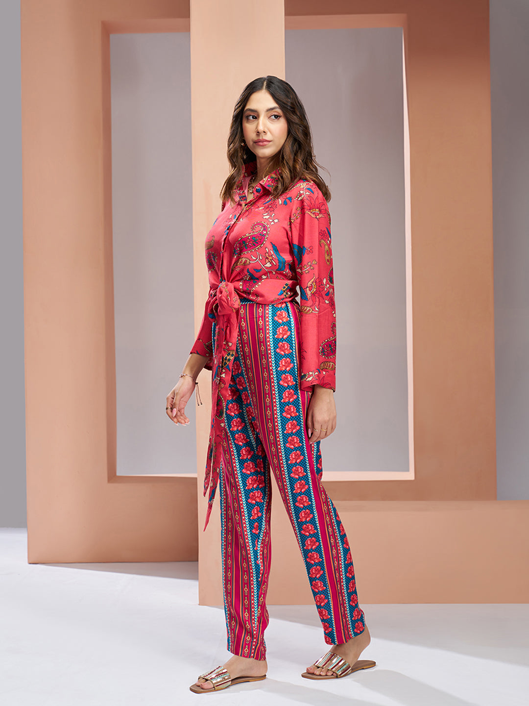 Muslin Silk Printed Shirt & Striped Wide-Leg Pant Set