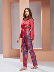 Muslin Silk Printed Shirt & Striped Wide-Leg Pant Set