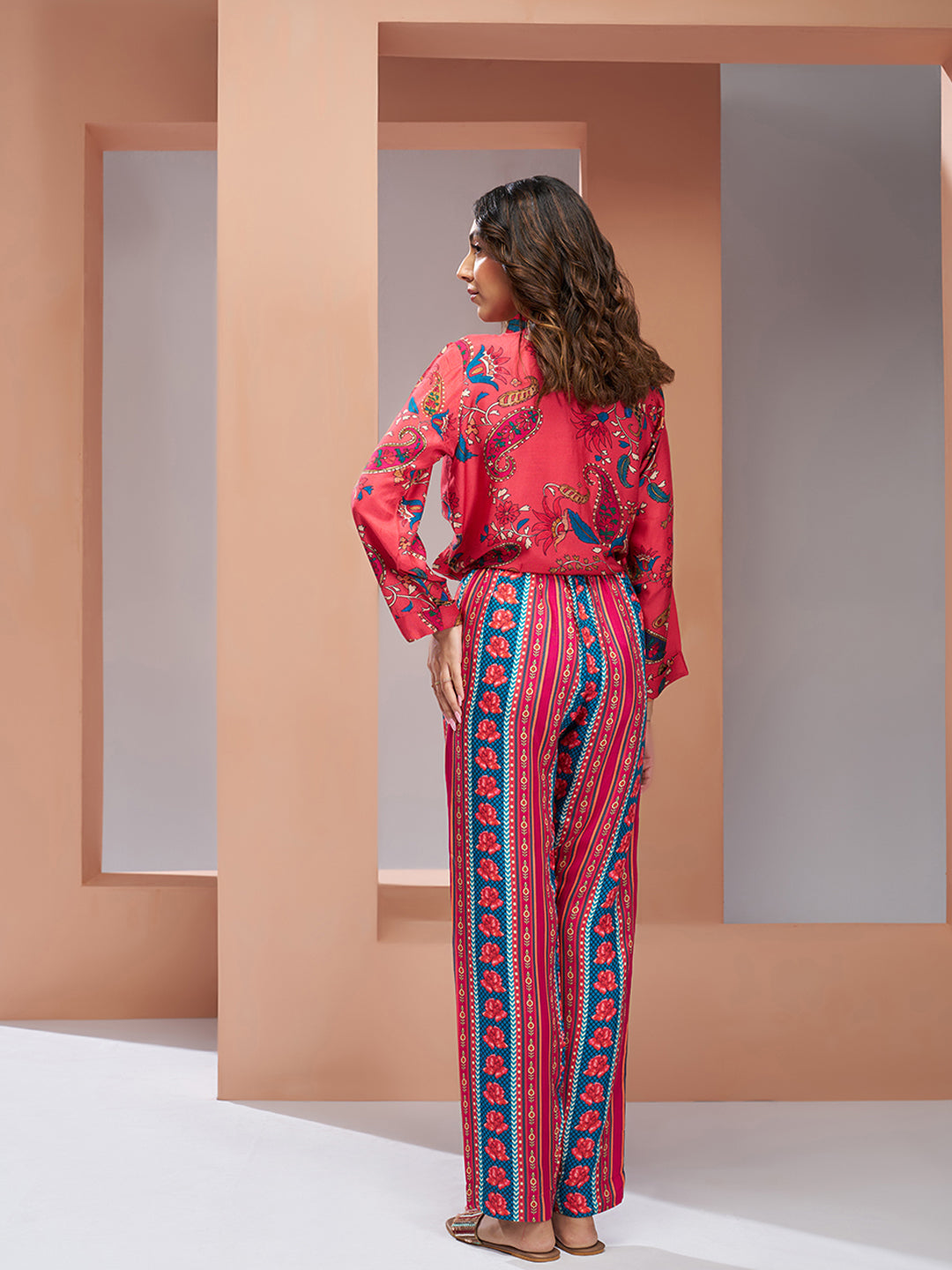 Muslin Silk Printed Shirt & Striped Wide-Leg Pant Set