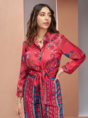 Muslin Silk Printed Shirt & Striped Wide-Leg Pant Set