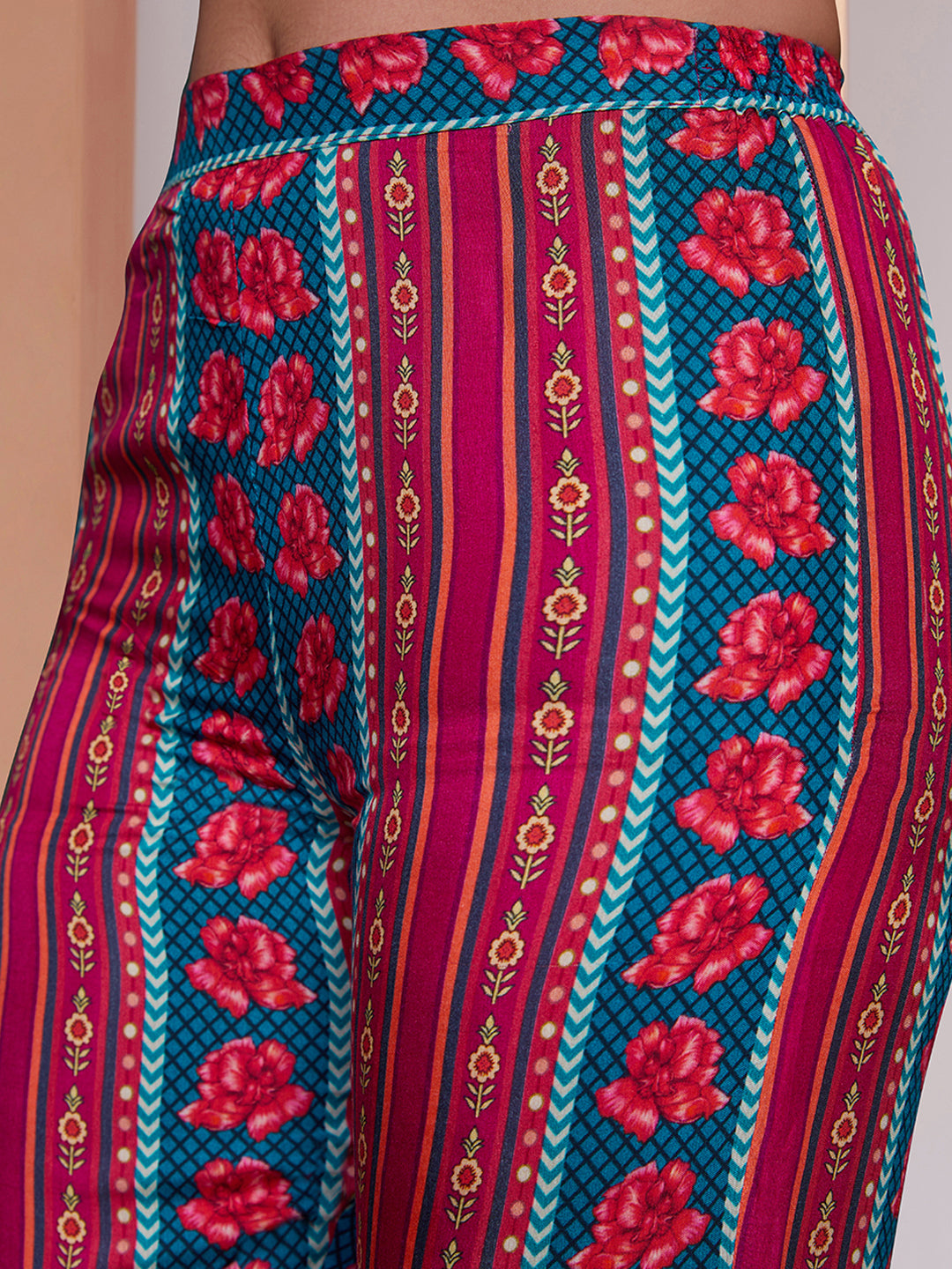Muslin Silk Printed Shirt & Striped Wide-Leg Pant Set