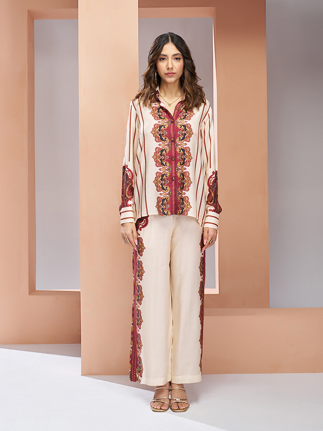 Cream Muslin Silk Printed Shirt & Wide-Leg Pant Set