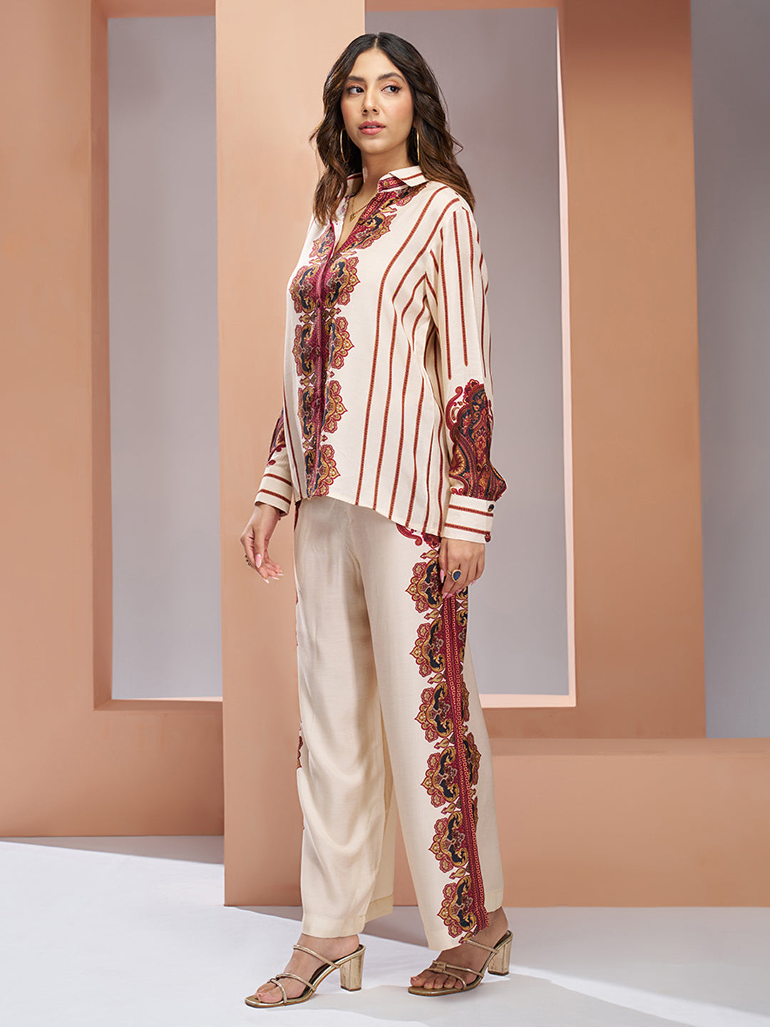 Cream Muslin Silk Printed Shirt & Wide-Leg Pant Set