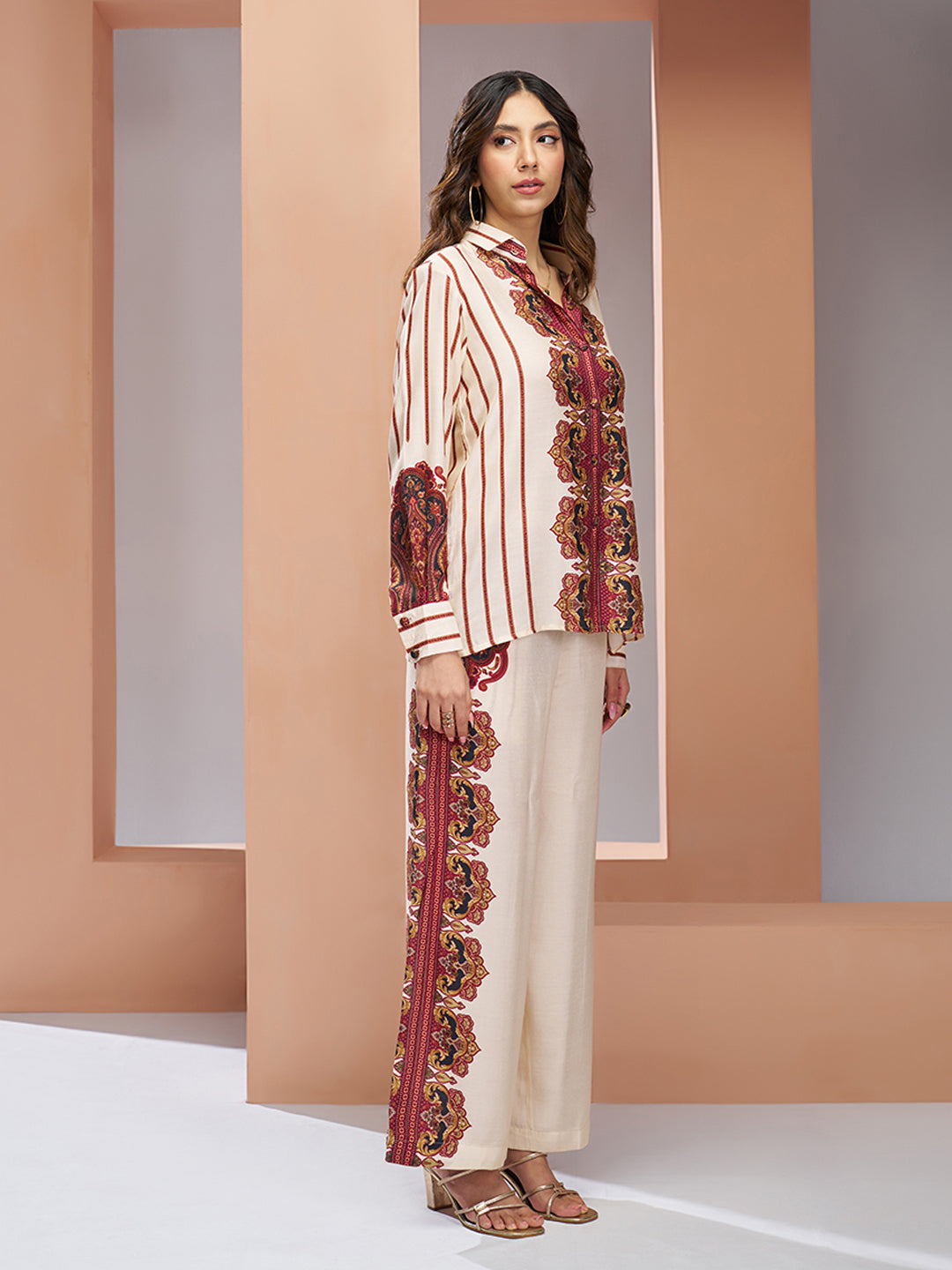 Cream Muslin Silk Printed Shirt & Wide-Leg Pant Set
