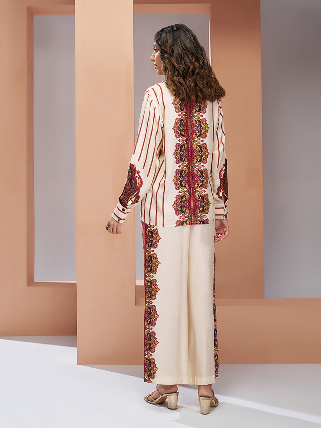 Cream Muslin Silk Printed Shirt & Wide-Leg Pant Set