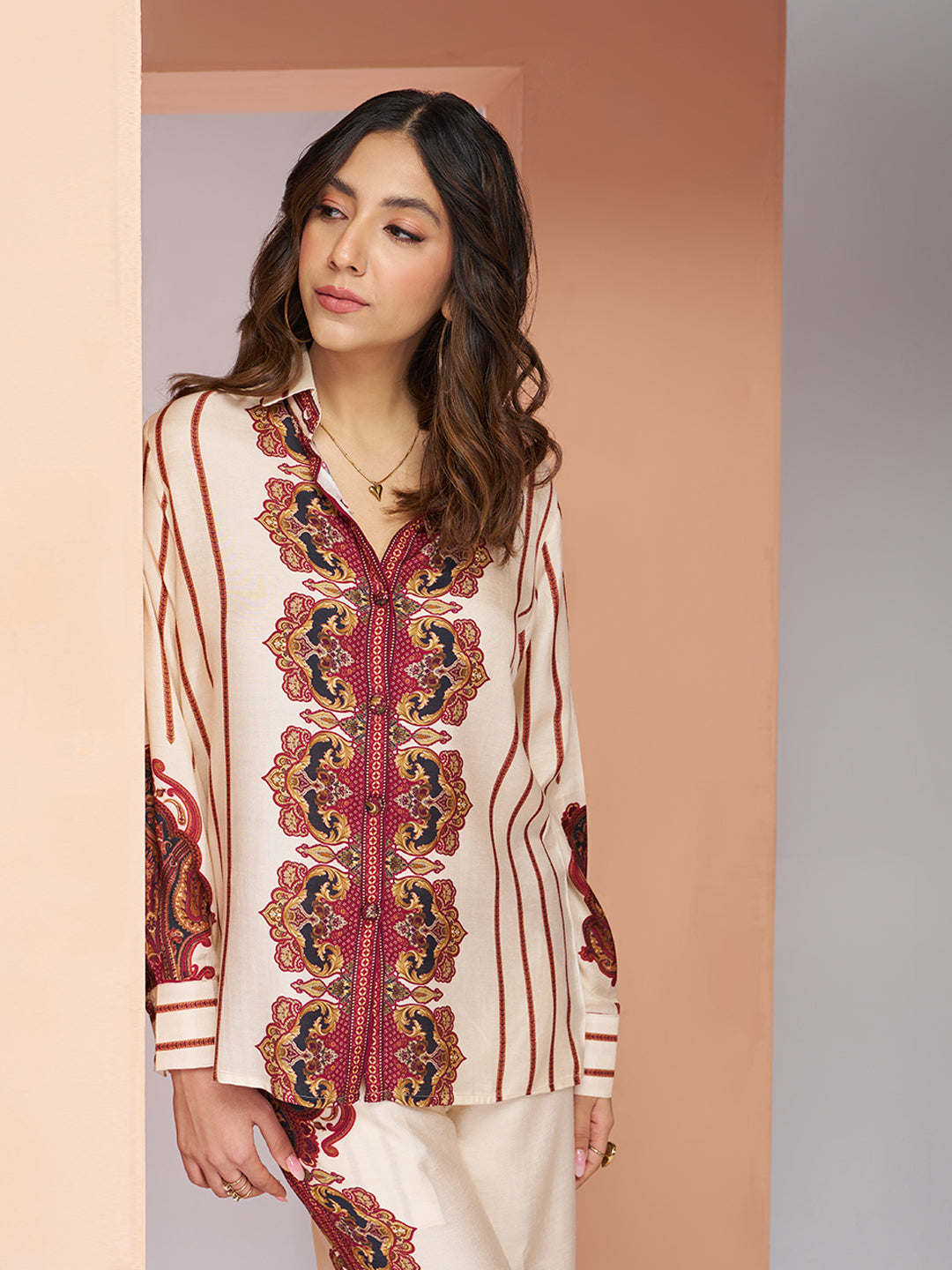 Cream Muslin Silk Printed Shirt & Wide-Leg Pant Set