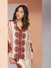 Cream Muslin Silk Printed Shirt & Wide-Leg Pant Set