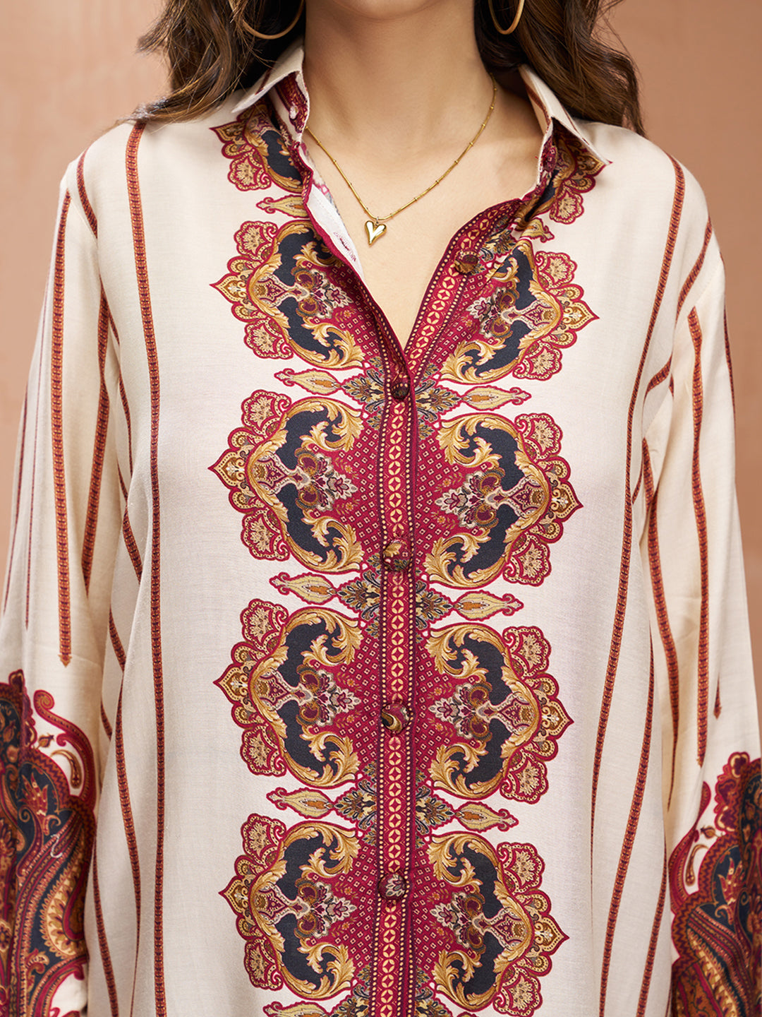 Cream Muslin Silk Printed Shirt & Wide-Leg Pant Set