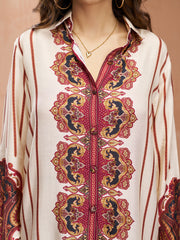 Cream Muslin Silk Printed Shirt & Wide-Leg Pant Set