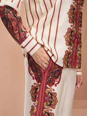 Cream Muslin Silk Printed Shirt & Wide-Leg Pant Set