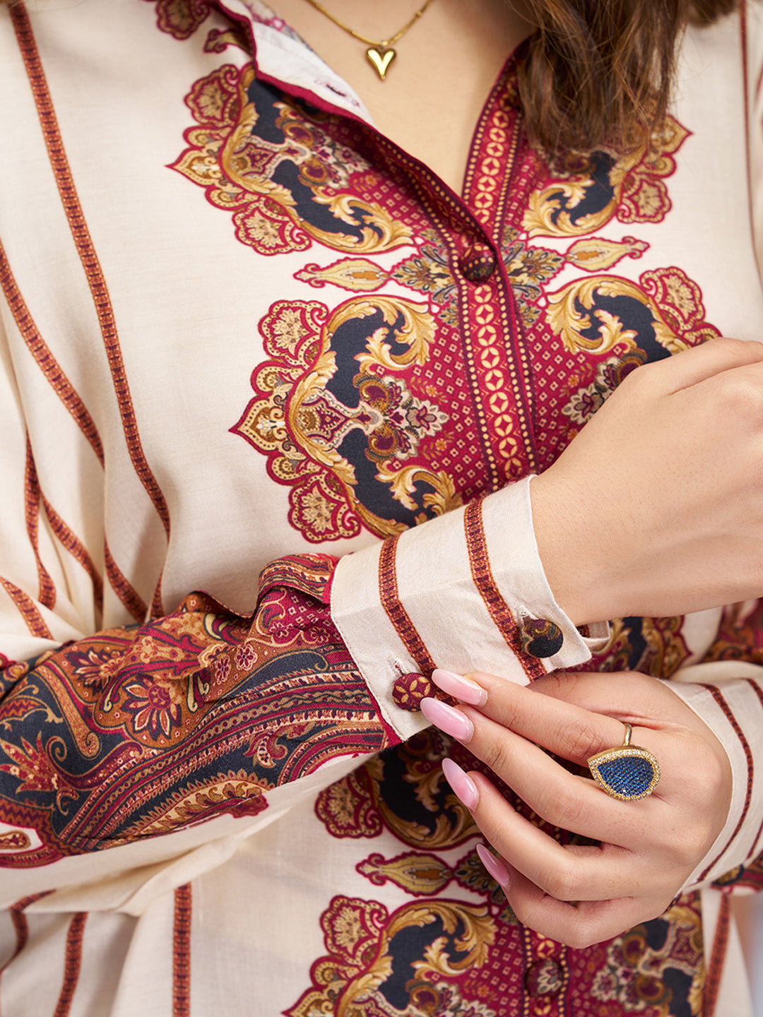 Cream Muslin Silk Printed Shirt & Wide-Leg Pant Set