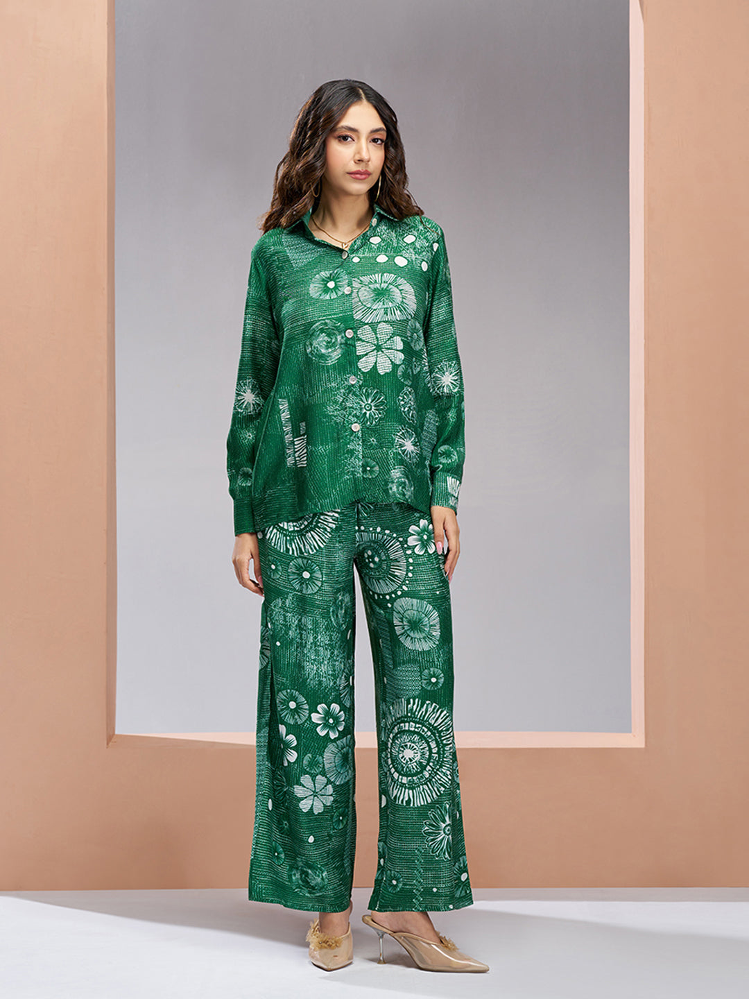 Dark Green Muslin Silk Printed Co-Ord Set