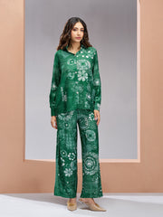 Dark Green Muslin Silk Printed Co-Ord Set