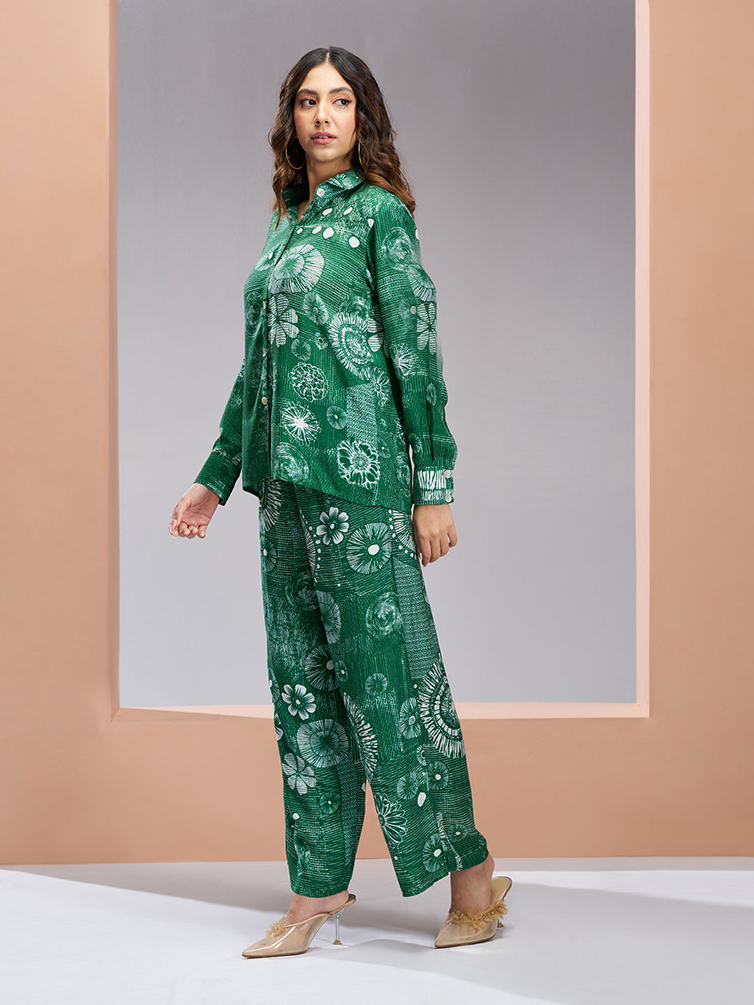 Dark Green Muslin Silk Printed Co-Ord Set
