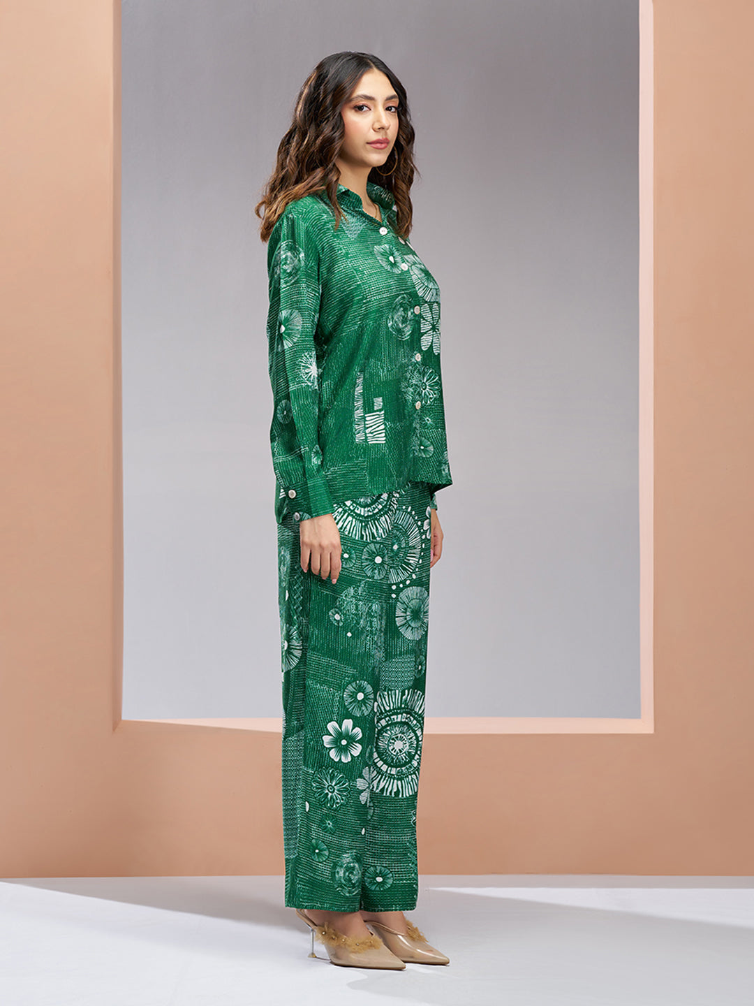 Dark Green Muslin Silk Printed Co-Ord Set