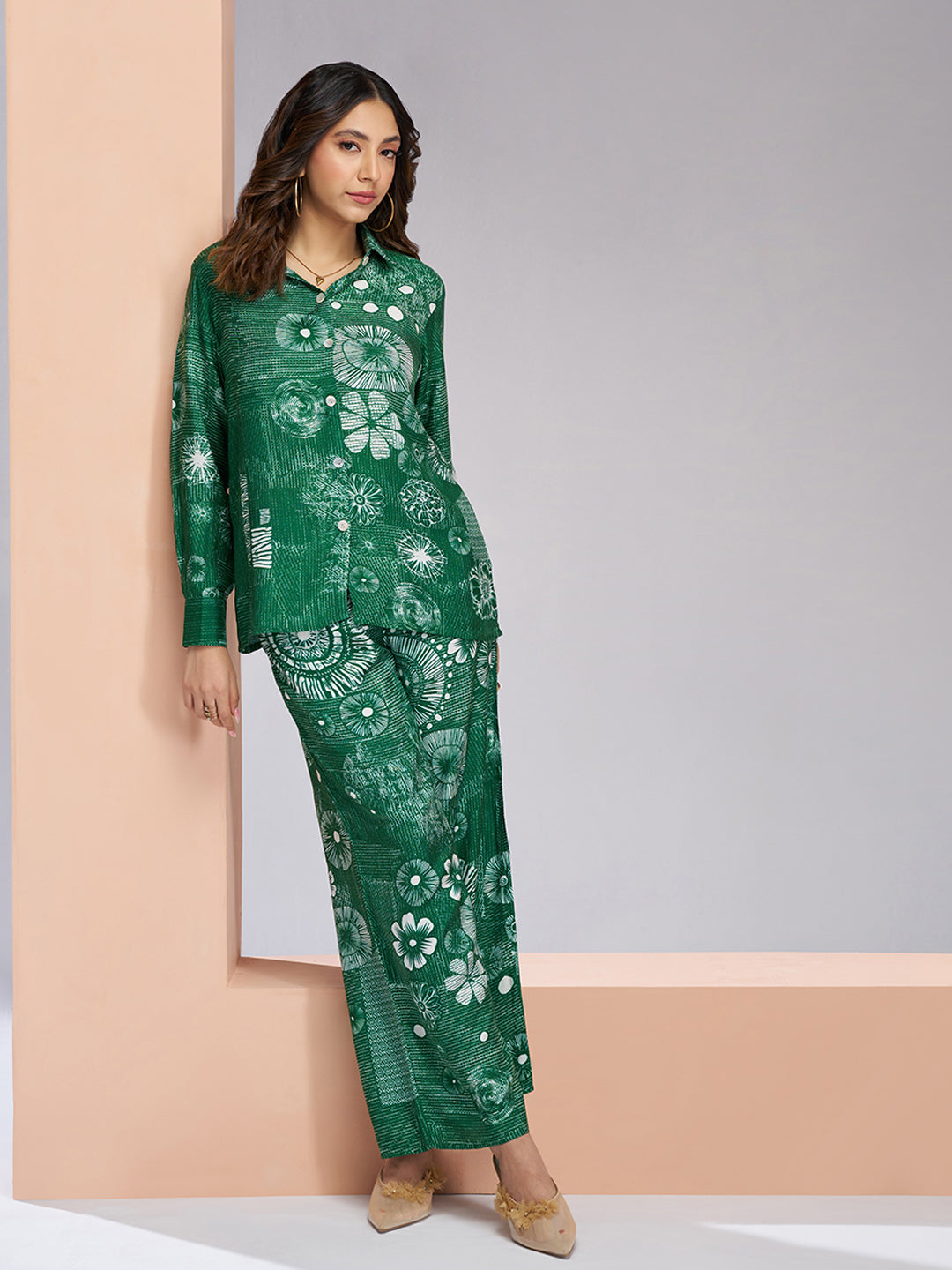 Dark Green Muslin Silk Printed Co-Ord Set