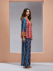 Multicolor printed co-ord set with a wrap-style top and wide-leg pants.