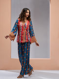 Multicolor printed co-ord set with a wrap-style top and wide-leg pants.