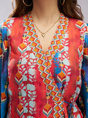 Multicolor printed co-ord set with a wrap-style top and wide-leg pants.