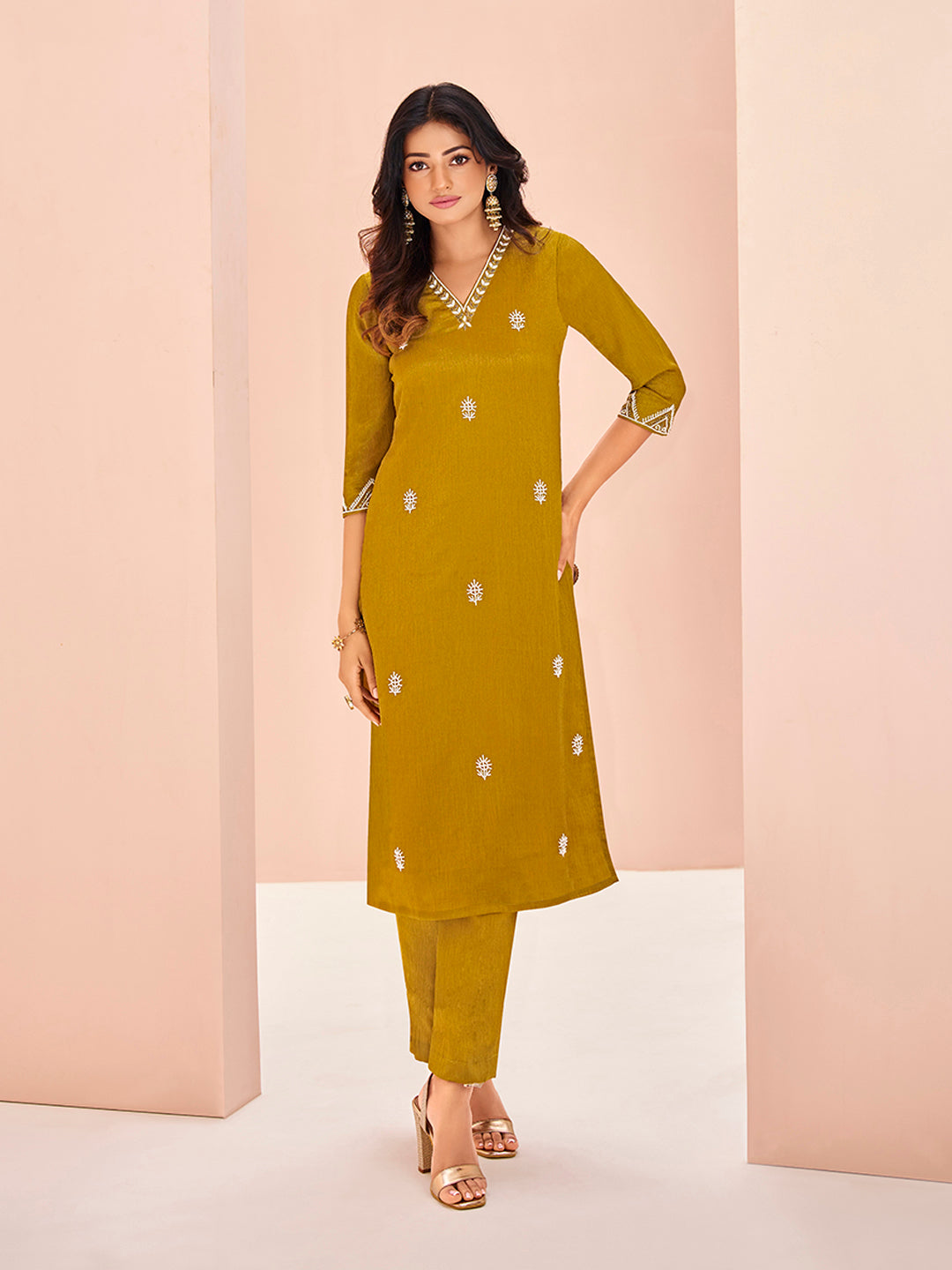 Mustard Yellow Embroidered Straight Kurta Pant Set for Women