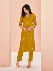 Mustard Yellow Embroidered Straight Kurta Pant Set for Women