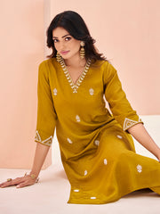 Mustard Yellow Embroidered Straight Kurta Pant Set for Women