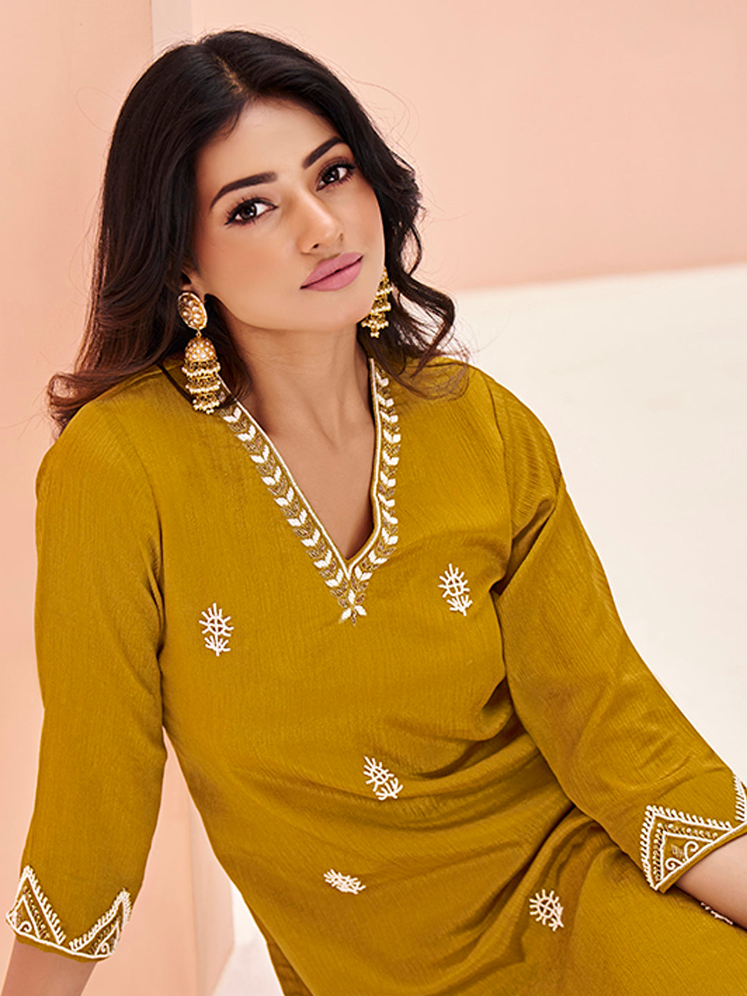 Mustard Yellow Embroidered Straight Kurta Pant Set for Women
